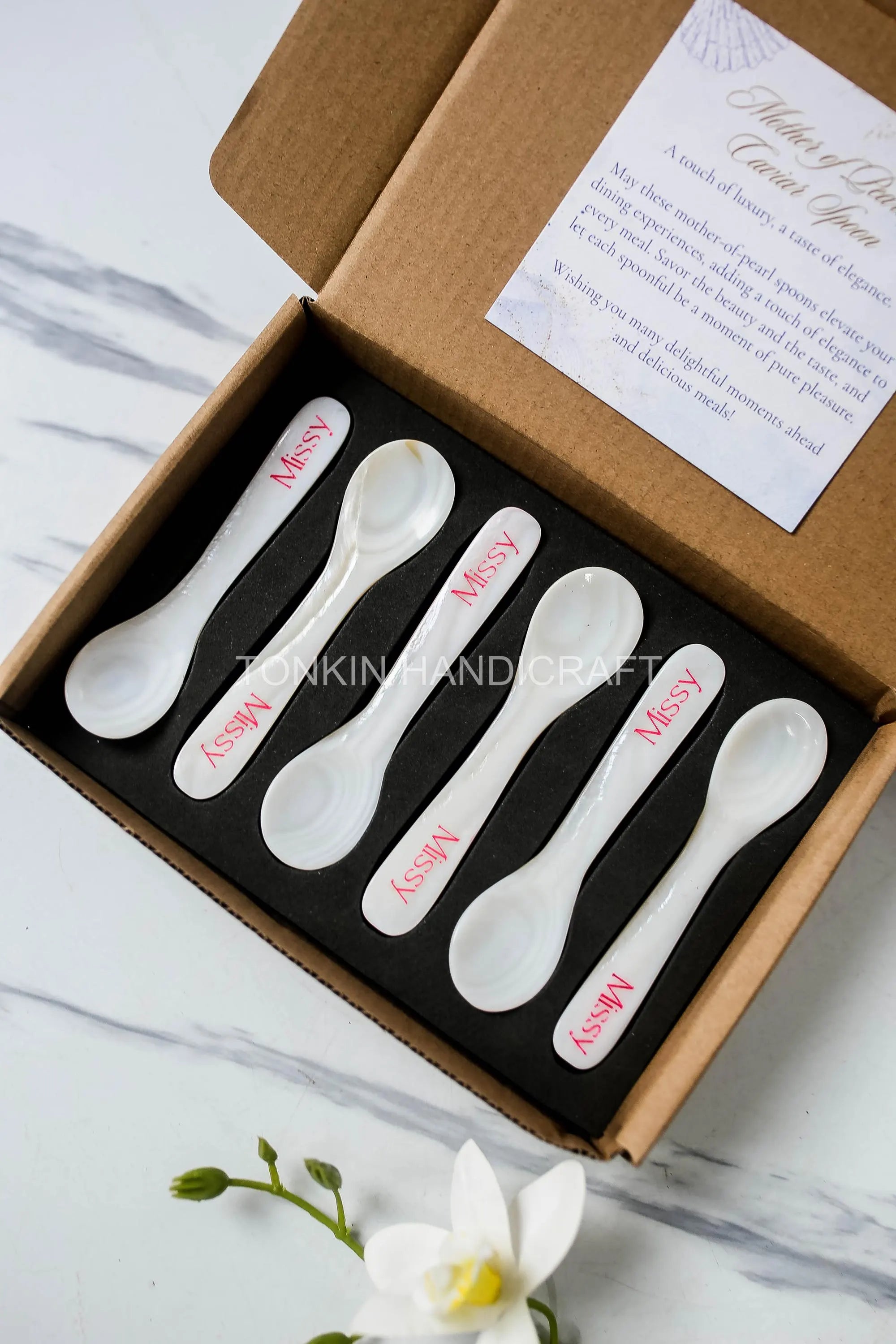 Personalized Set of 6 Mother of Pearl Caviar Spoon Gift Box