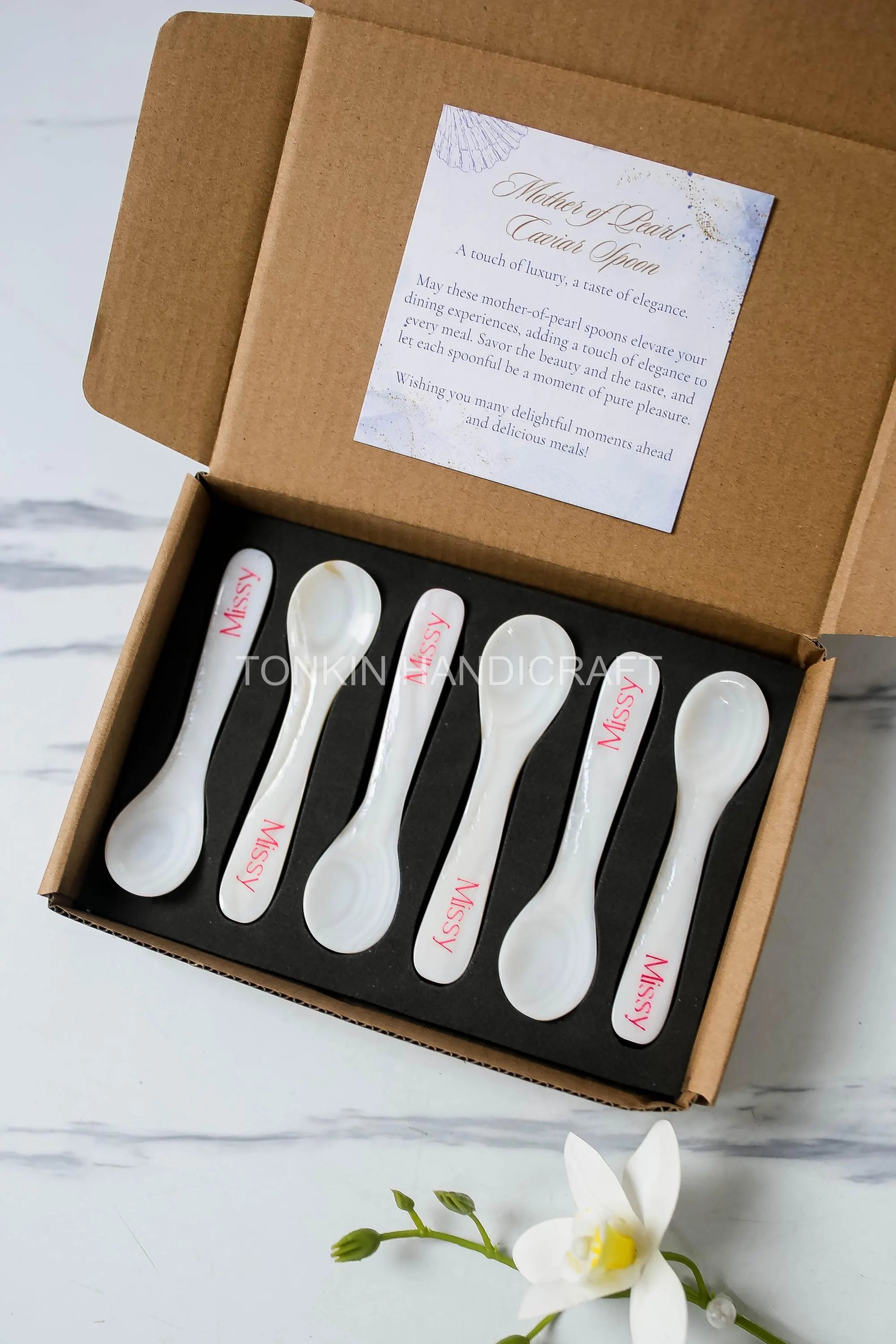 Personalized Set of 6 Mother of Pearl Caviar Spoon Gift Box