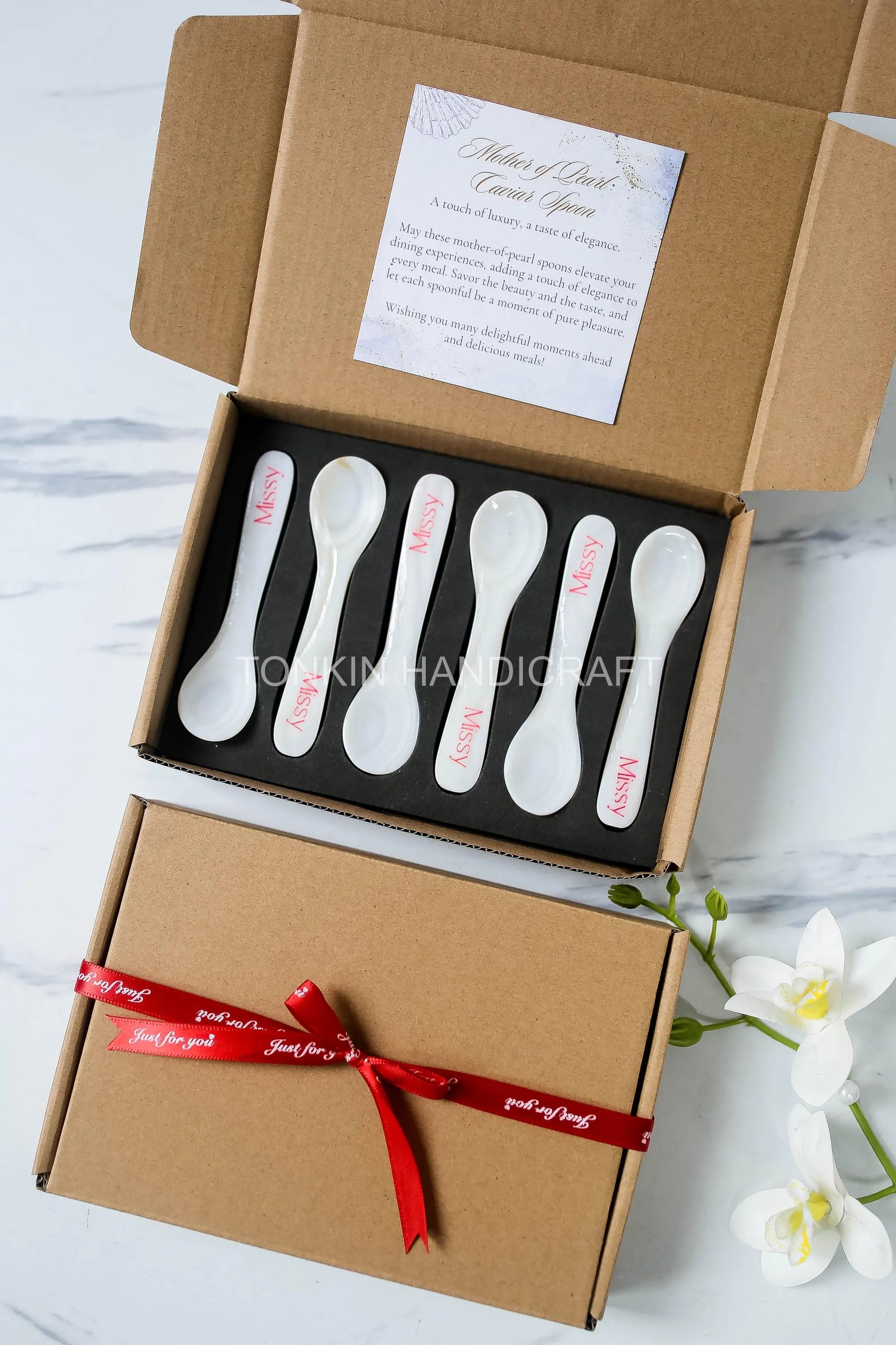 Personalized Set of 6 Mother of Pearl Caviar Spoon Gift Box