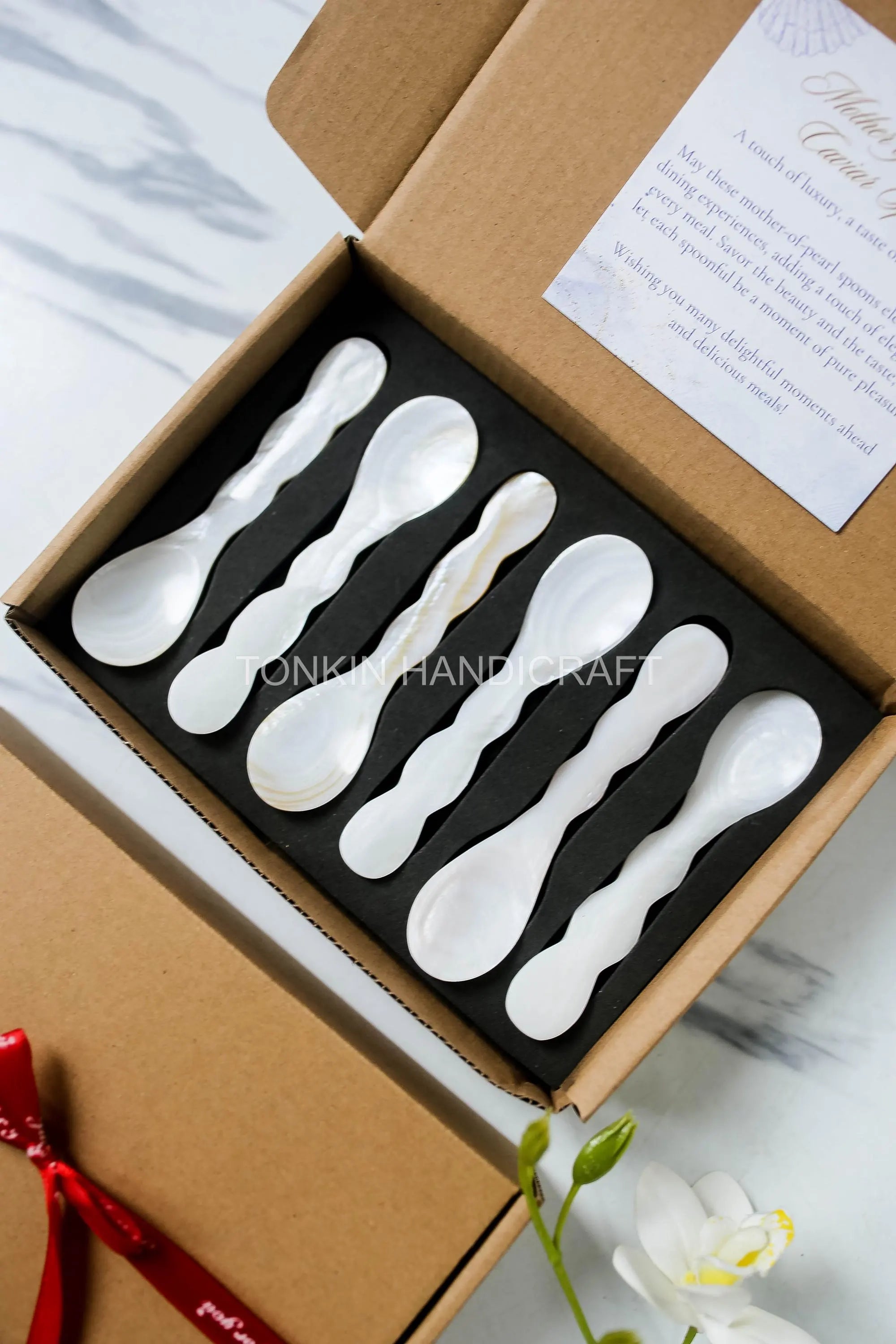 Personalized Set 6 Wav Mother of Pearl Caviar Spoon Gift Box