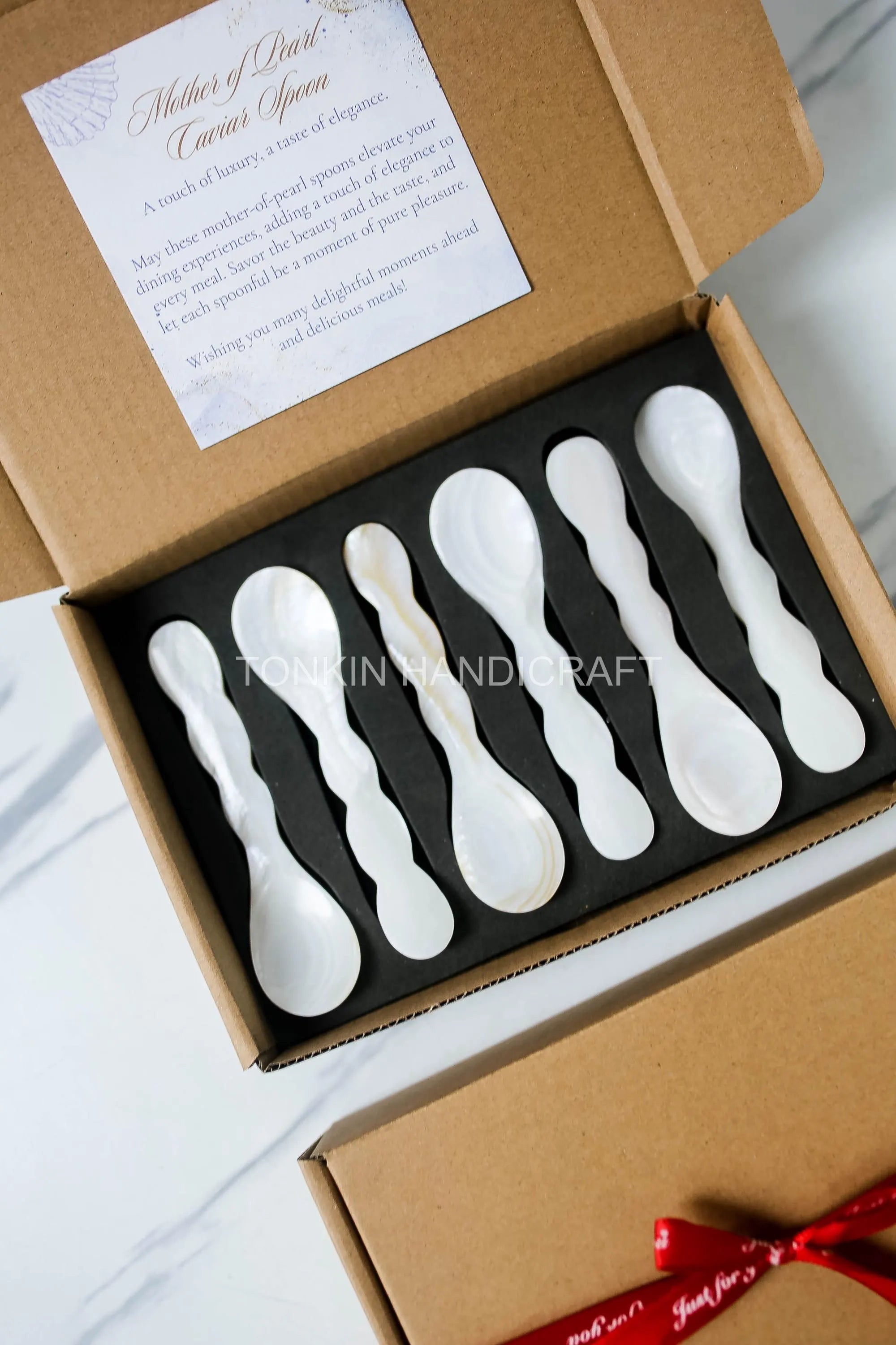 Personalized Set 6 Wav Mother of Pearl Caviar Spoon Gift Box