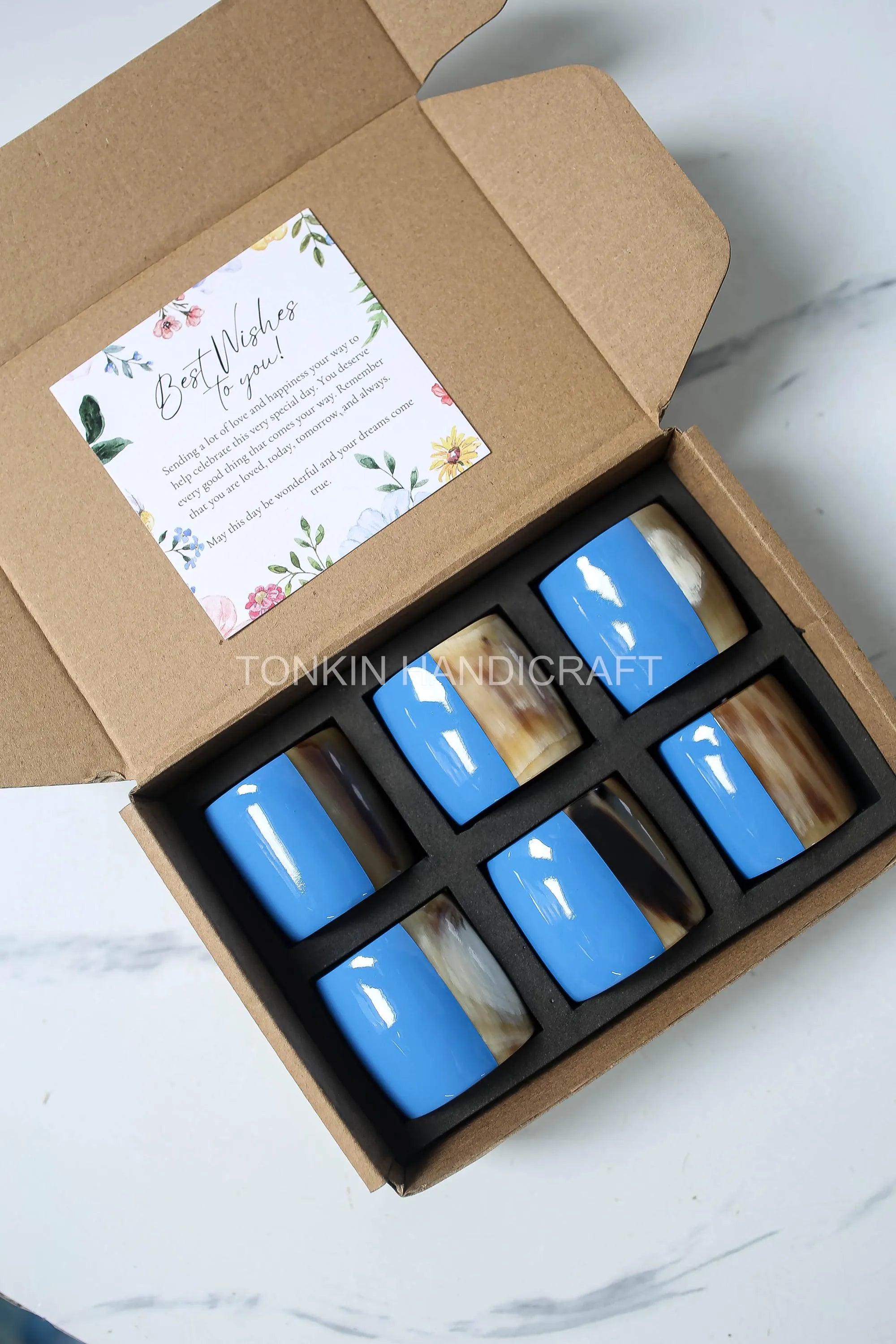 Personalized Set of 6 Buffalo Horn Napkin Ring Blue Gift Box