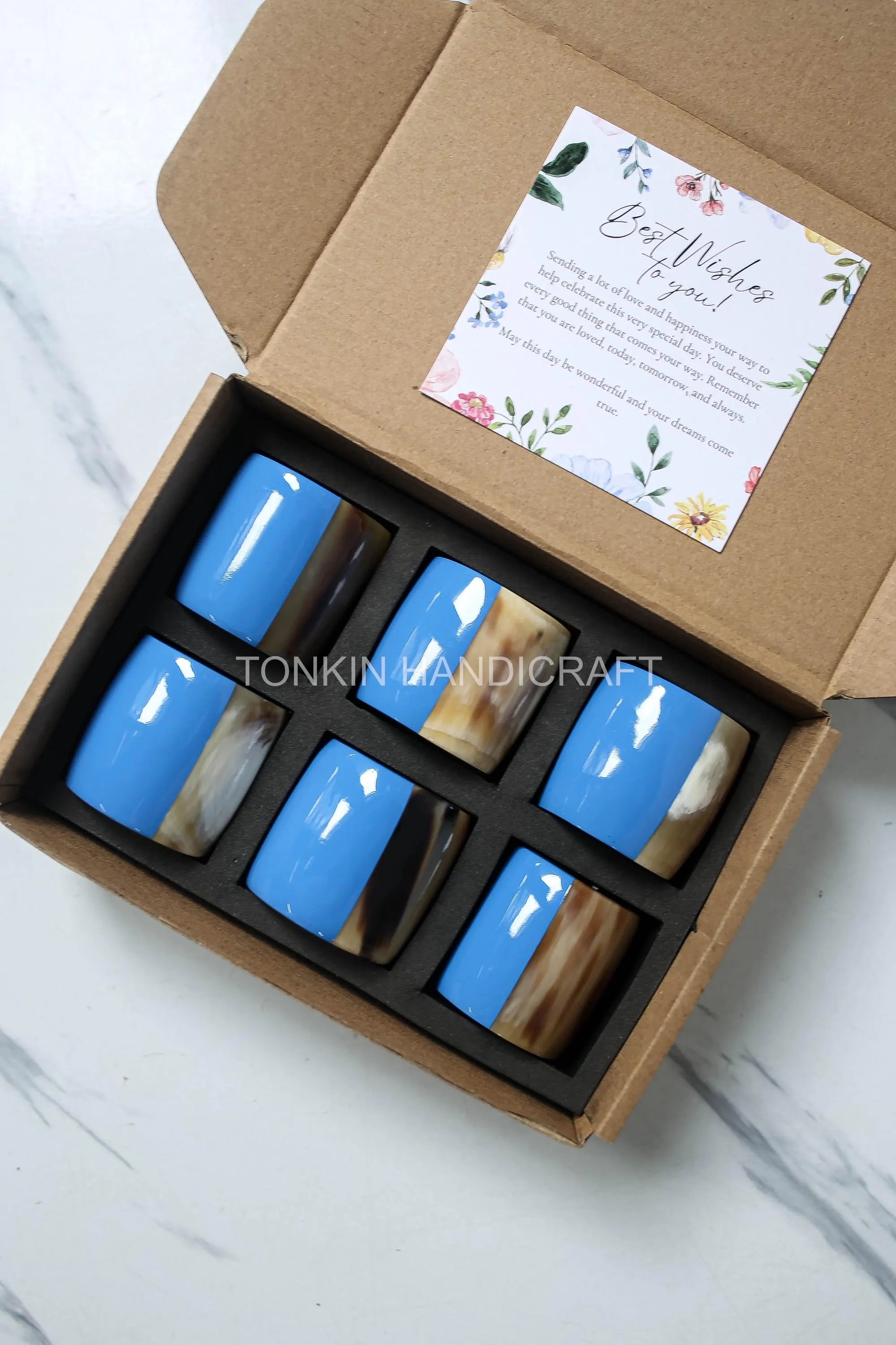 Personalized Set of 6 Buffalo Horn Napkin Ring Blue Gift Box