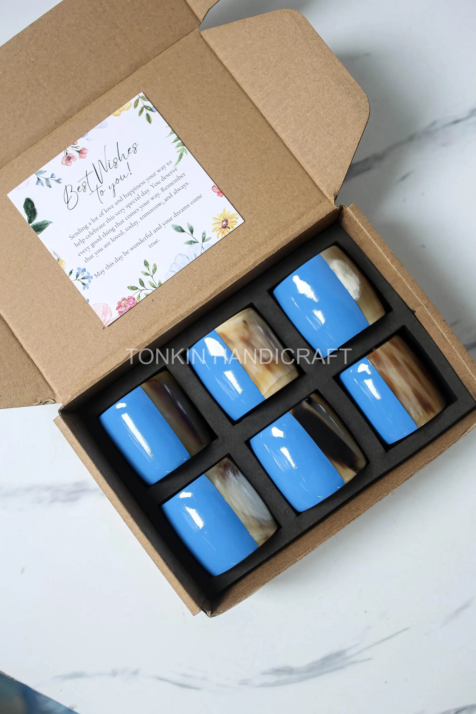 Personalized Set of 6 Buffalo Horn Napkin Ring Blue Gift Box