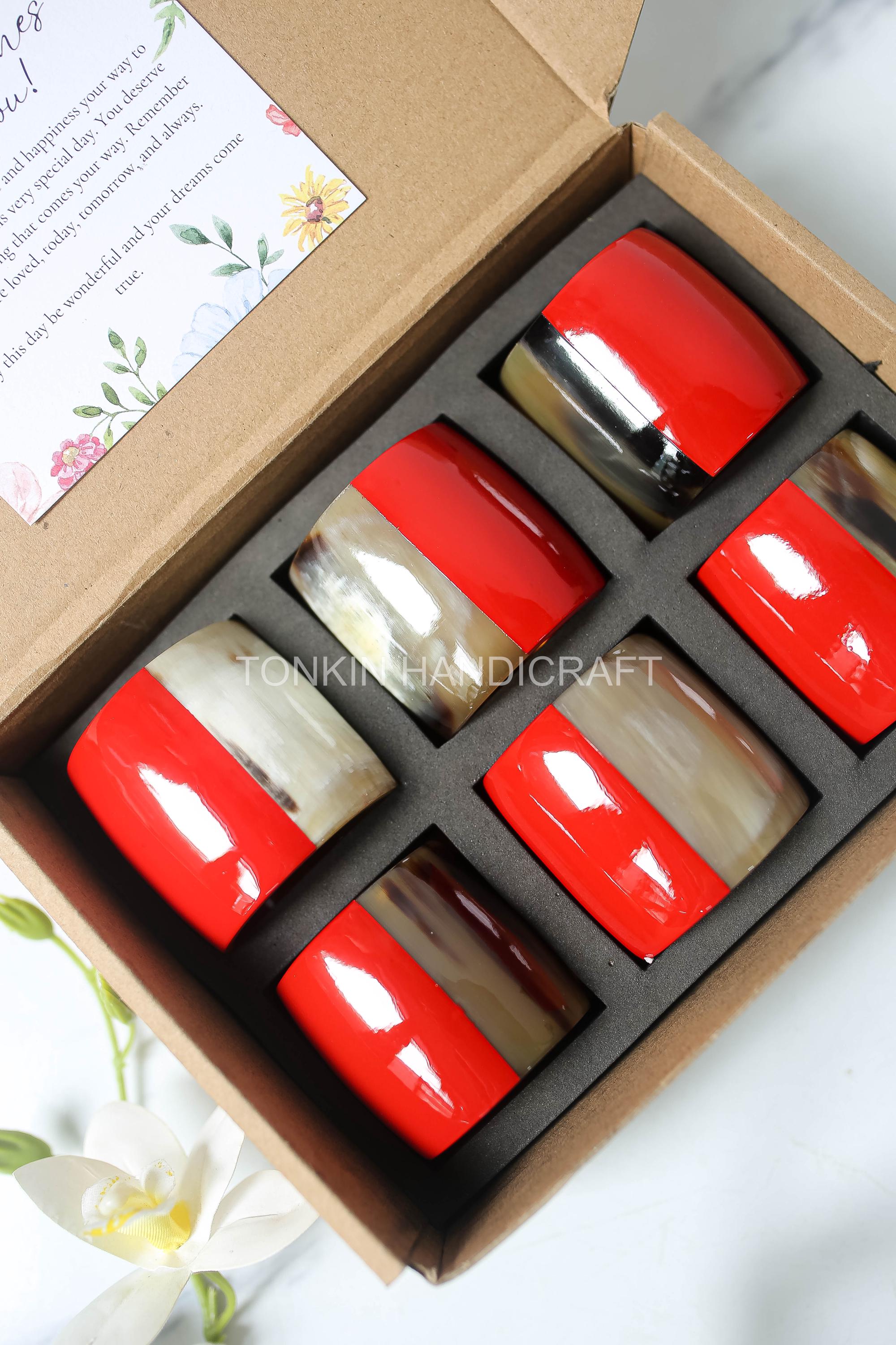 Personalized Set of 6 Buffalo Horn Napkin Ring Red Gift Box