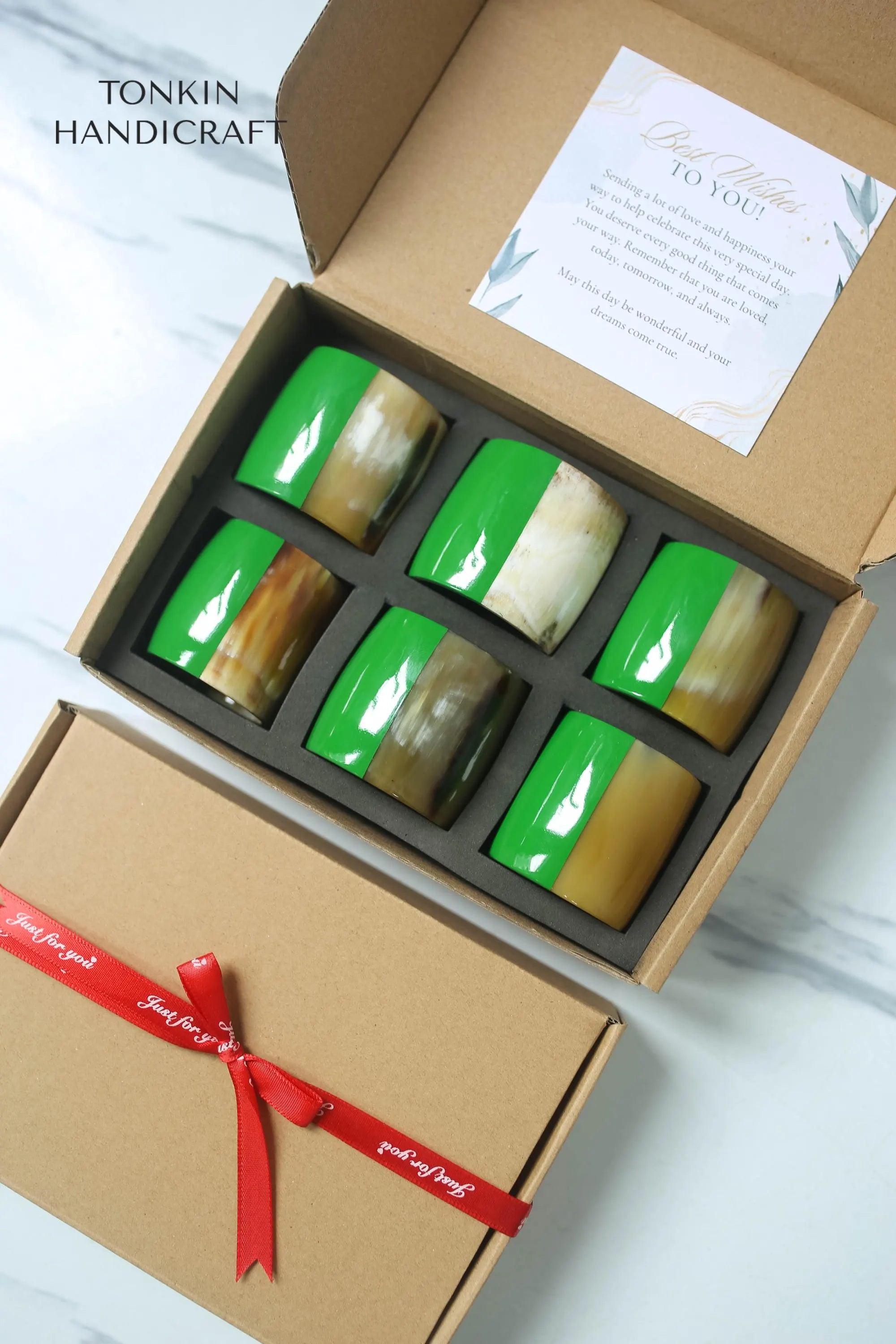 Personalized Set of 6 Buffalo Horn Napkin Ring Green Gift Box