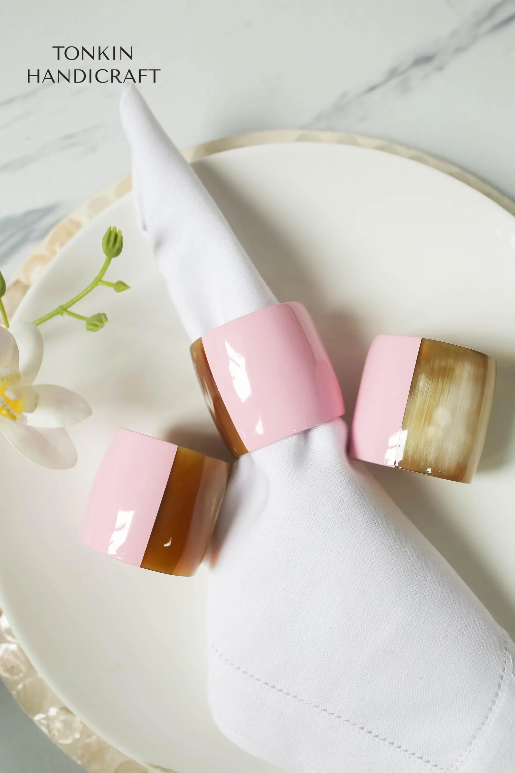 Personalized Set of 6 Buffalo Horn Napkin Ring Pink Gift Box