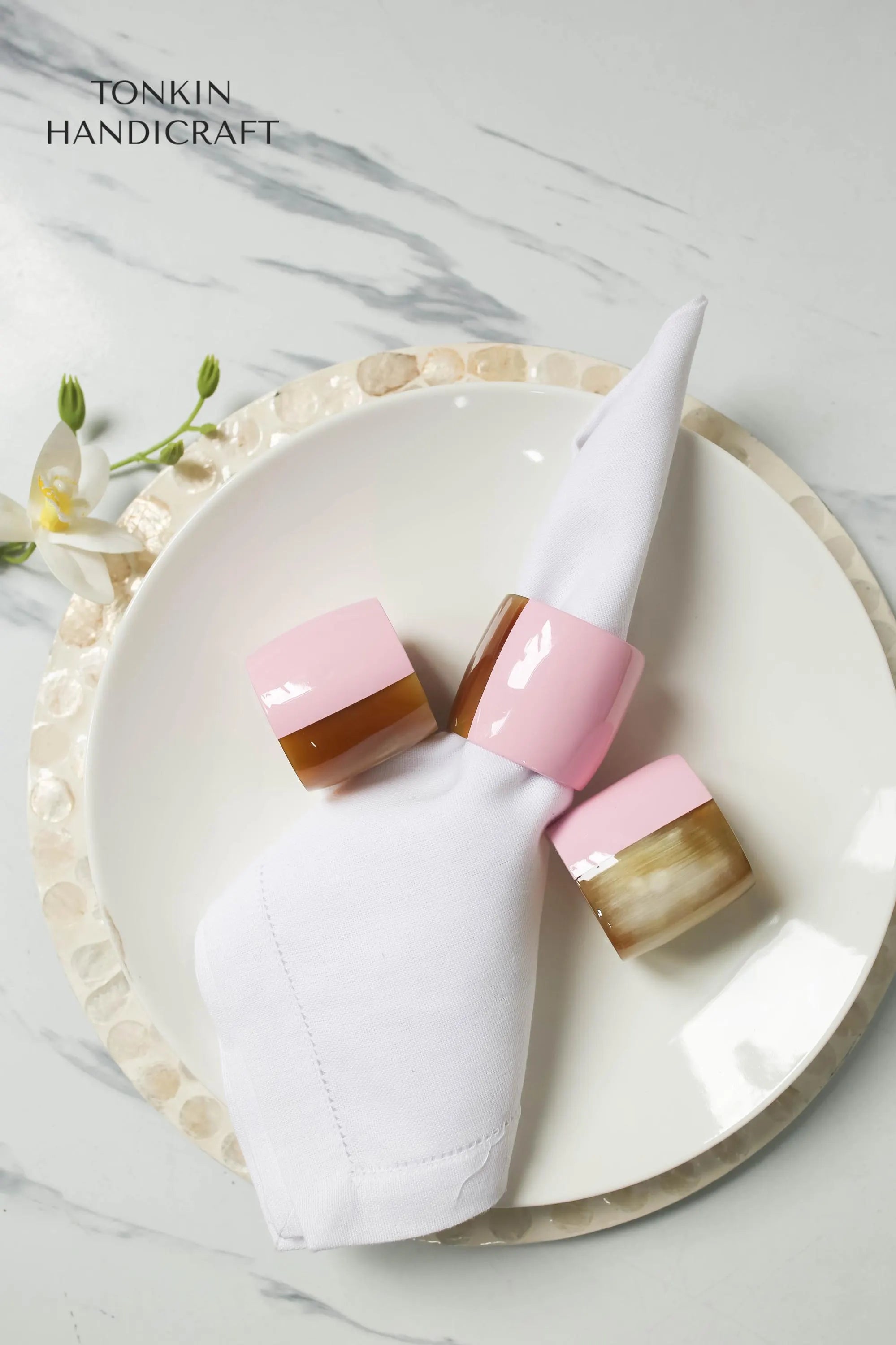 Personalized Set of 6 Buffalo Horn Napkin Ring Pink Gift Box