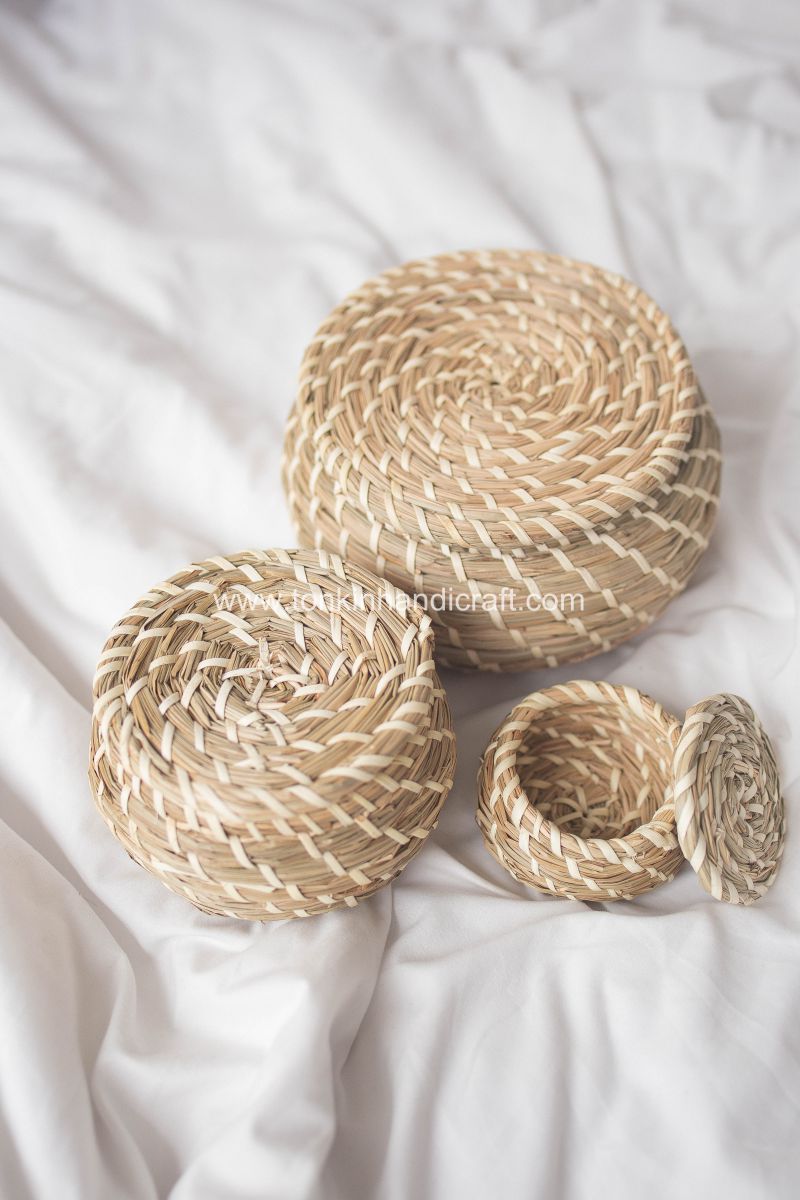 Set of 3 Basket with lid - TONKIN HANDICRAFT