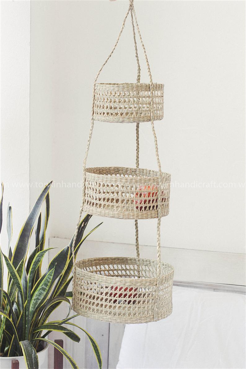 Set of 2 Seagrass Hanging fruit 3tiers & 2tiers baskets - TONKIN HANDICRAFT