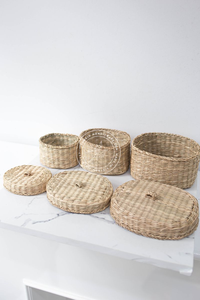 Set of 3 Braided Handwoven Natural Oval/Square Holder basket with lid - TONKIN HANDICRAFT