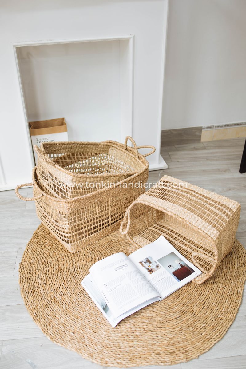 Set of 3 floppy rectangular Seagrass Baskets - TONKIN HANDICRAFT