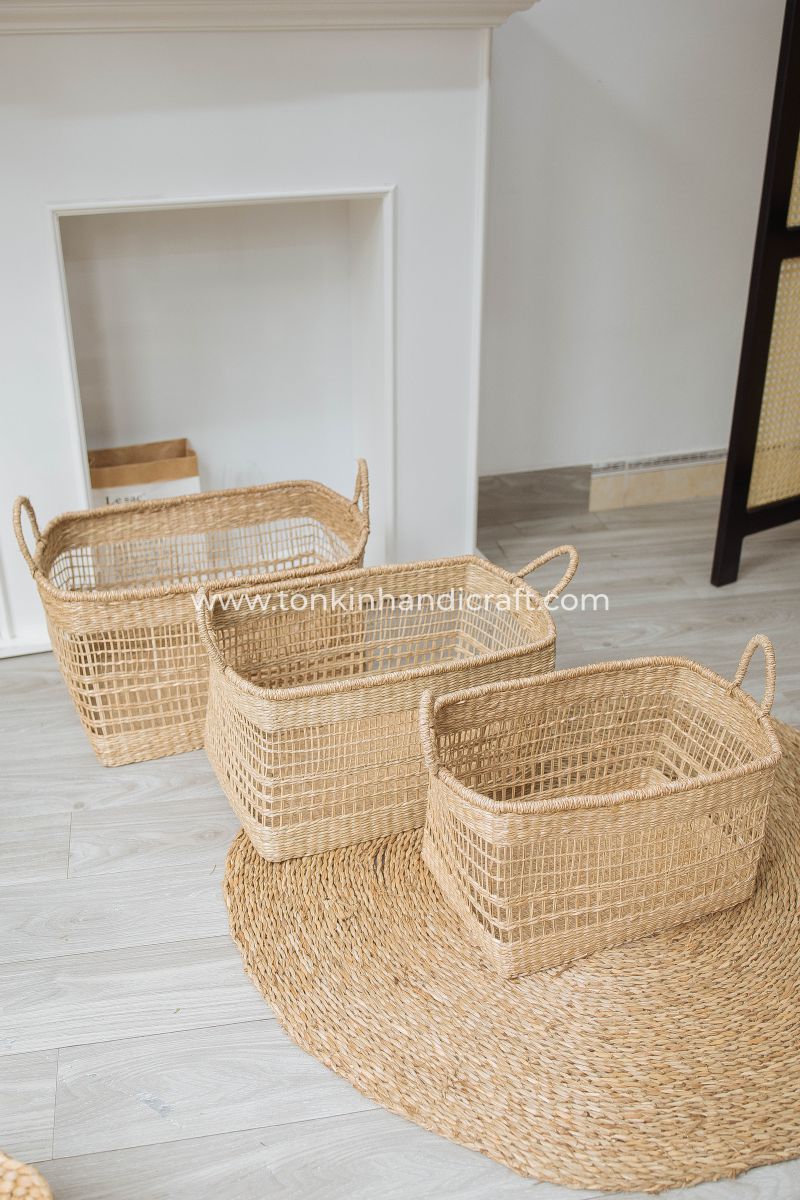 Set of 3 floppy rectangular Seagrass Baskets - TONKIN HANDICRAFT