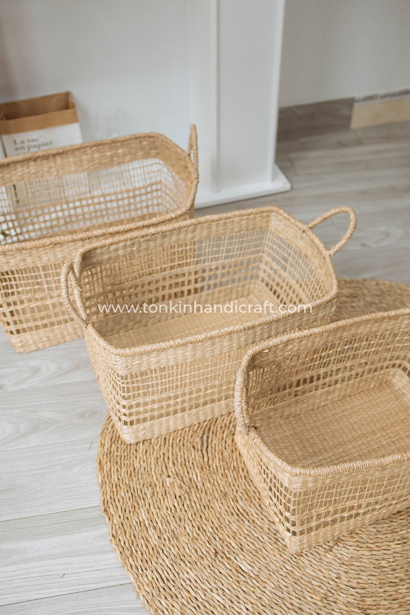 Set of 3 floppy rectangular Seagrass Baskets - TONKIN HANDICRAFT