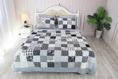 Grey Plaid Quilt Set 78" x 87" with 2 Shams - TONKIN HANDICRAFT