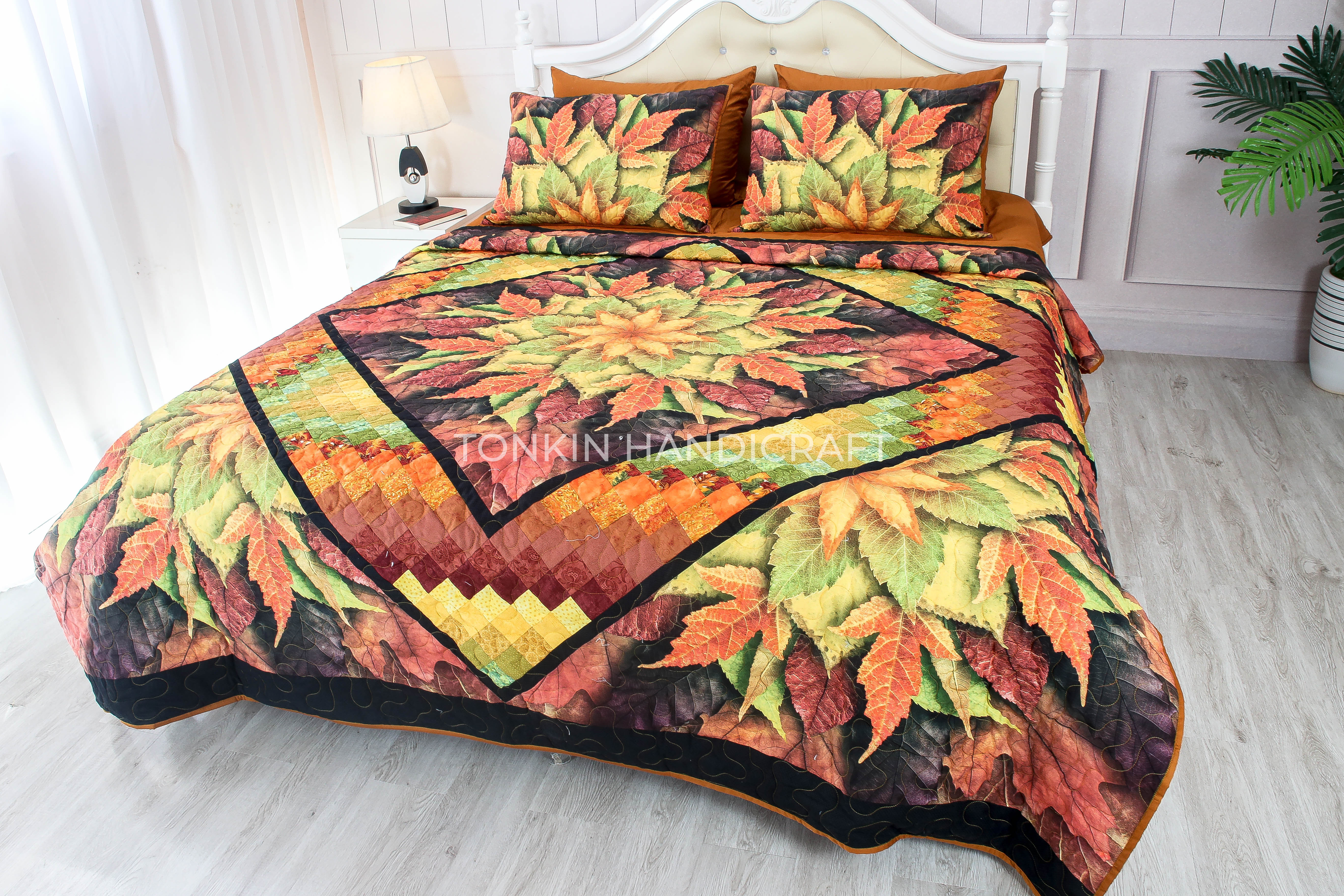 Autumn Leaves Quilt Set 85" x 85" with 2 Shams - TONKIN HANDICRAFT