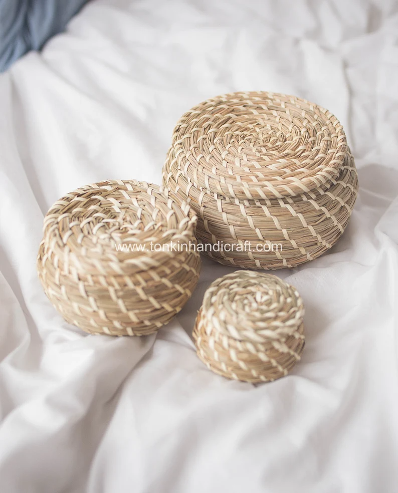 Set of 3 Basket with lid - TONKIN HANDICRAFT