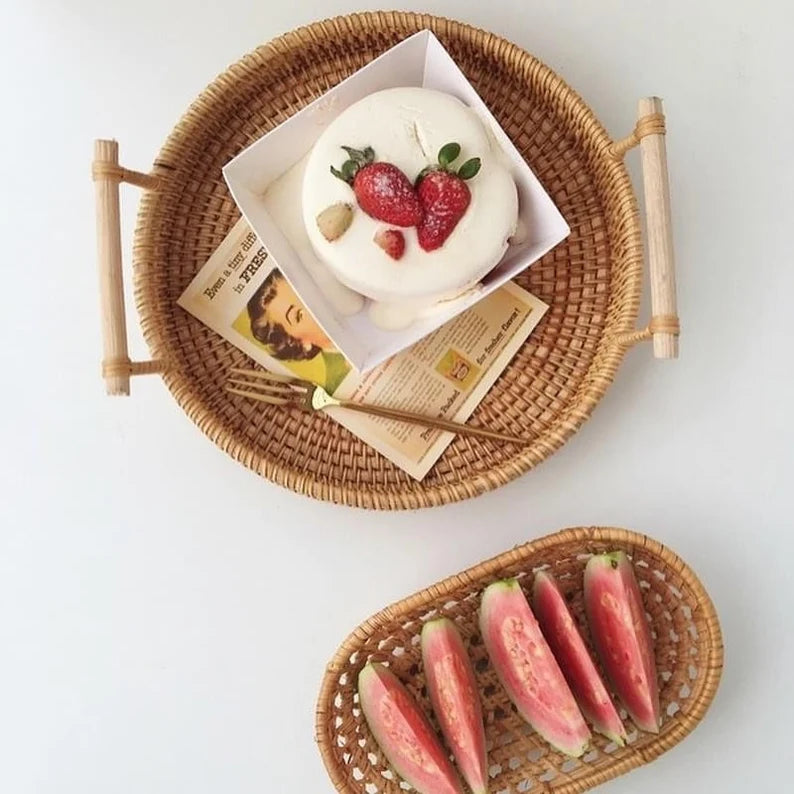 Set of 2 Rattan Tray with Wooden Handle - TONKIN HANDICRAFT