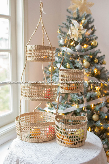 Set of 2 Seagrass Hanging fruit 3tiers & 2tiers baskets - TONKIN HANDICRAFT