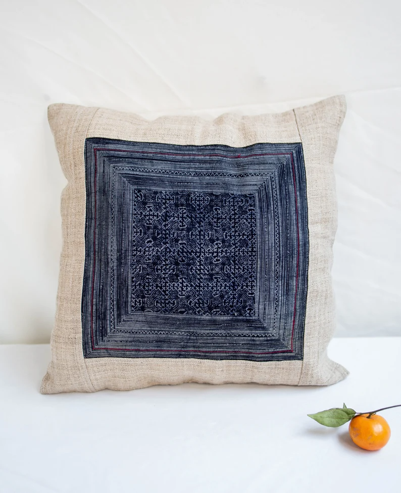 Indigo & White Hmong Cushion Cloth Pillow Cover - TONKIN HANDICRAFT