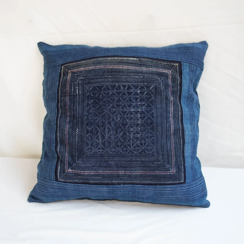 Indigo & White Hmong Cushion Cloth Pillow Cover - TONKIN HANDICRAFT