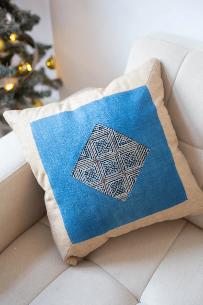 Indigo & White Hmong Cushion Cloth Pillow Cover - TONKIN HANDICRAFT