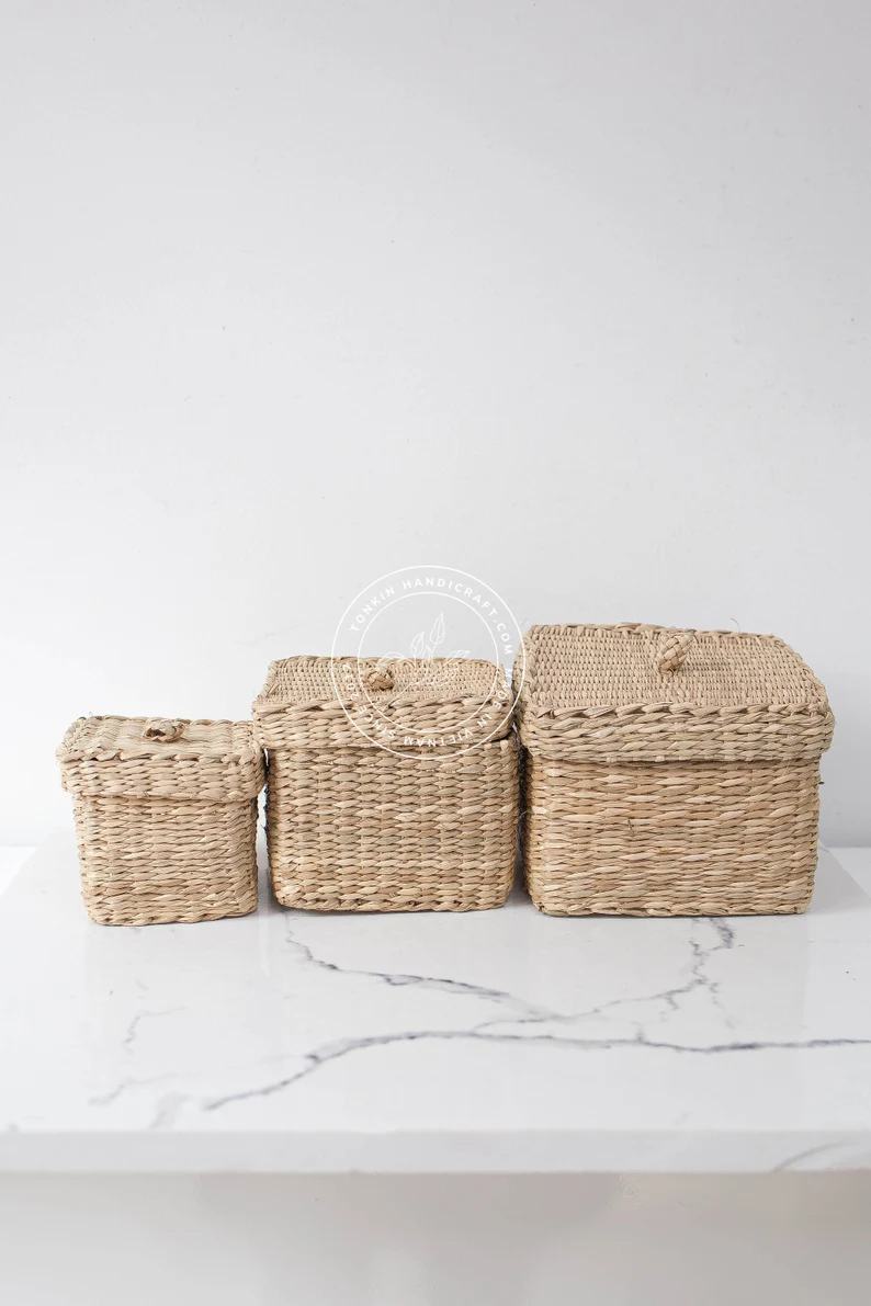 Set of 3 Braided Handwoven Natural Oval/Square Holder basket with lid - TONKIN HANDICRAFT