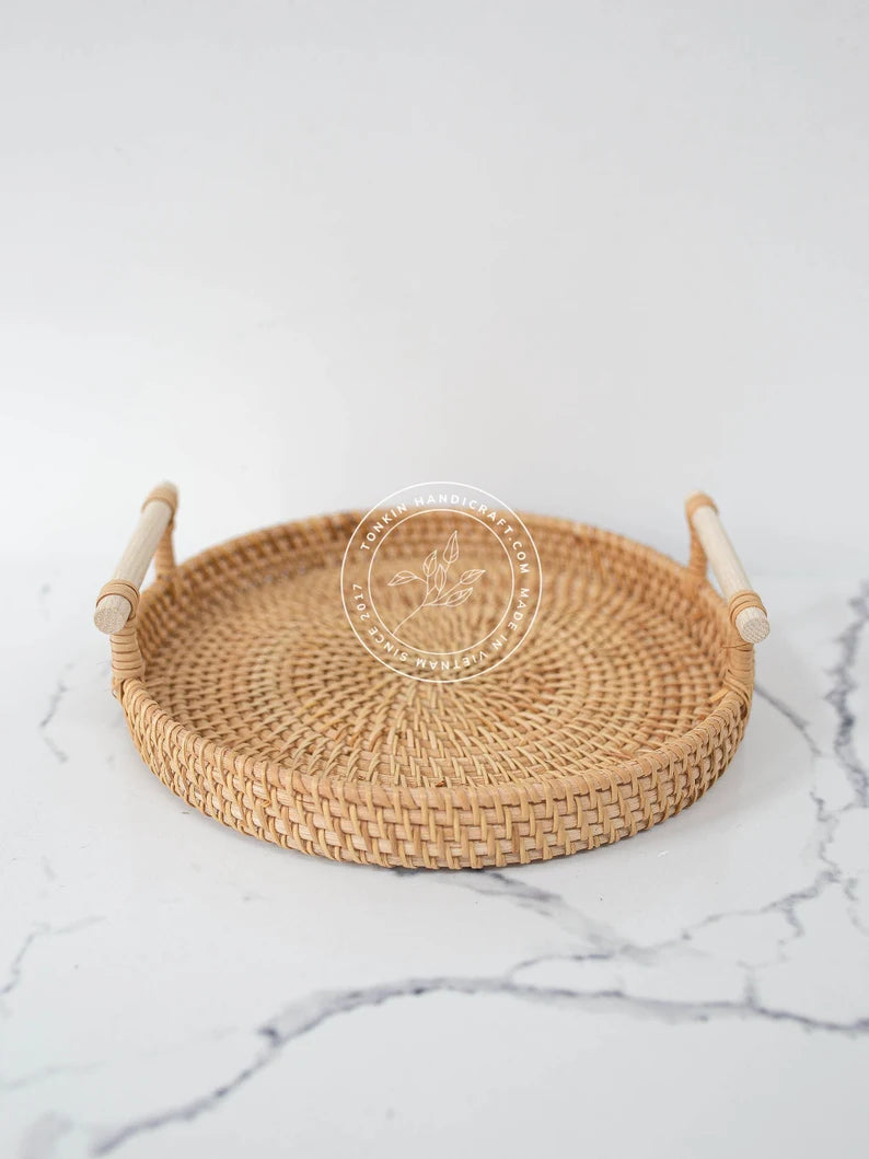 Set of 2 Rattan Tray with Wooden Handle - TONKIN HANDICRAFT